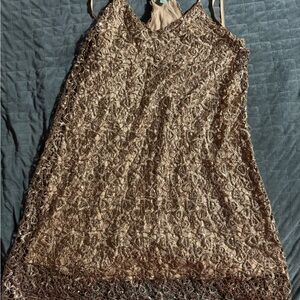 She + Sky Textured Lace Mini Dress in Tan